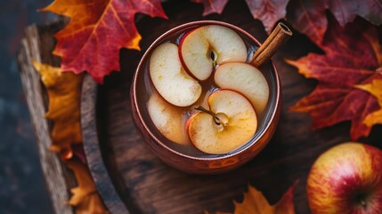A ginger and apple cider mocktail in a copper mug, garnished with apple slices and a cinnamon stick, placed on a wooden tray with autumn leaves.