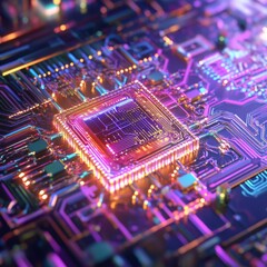 Futuristic quantum computer chip with glowing neon circuits and intricate microstructures demonstrating advanced technology