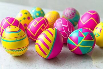 Fototapeta premium Close-up picture of an Easter egg patterned using red, yellow, and mint colors. Generative AI 