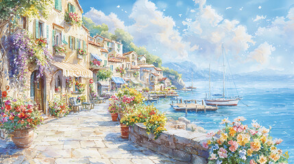 Serene Watercolor European Seaside Village Scene