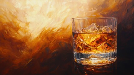 A glass of whiskey on the rocks, with warm golden light reflecting through the amber liquid, set against a dark, moody backdrop.