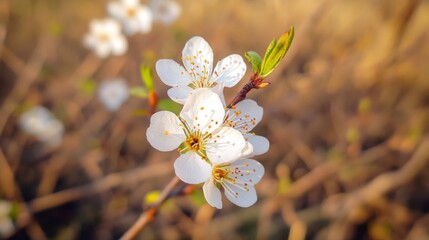White Beautiful Flowers Blooming on Tree Branch in Early Spring. Delicate Blossom with Soft Blurred Background, Symbolizing Renewal and Nature&rsquo;s Awakening.