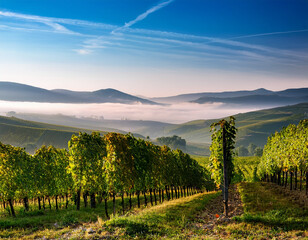 Fototapeta premium Rows of Romanian grapevines stretching across rolling hills with distant mountains visible through a morning mist.