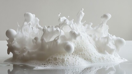 A dynamic splash of thick white foam erupts mid-air, frozen in motion to showcase its bubbly texture and energetic, abstract form on a reflective surface.