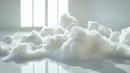 Piles of fluffy white soap foam create a soft, bubbly landscape on a reflective floor in a bright room with windows visible in the background.