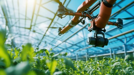 An innovative robotics center where robotic arms are assembling drones for precision agriculture, AI systems ensuring efficient crop spraying and monitoring with real-time data, High-tech style