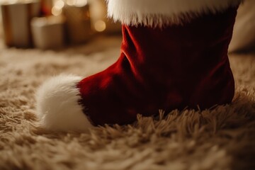 The cozy red boot of Santa Claus stands on soft fluffy carpet. A warm and inviting atmosphere surrounds the festive holiday spirit. Celebrate the season of giving. Generative AI