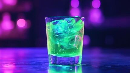A neon green energy drink in a glass with ice, glowing under blacklight, creating a futuristic and high-energy atmosphere.