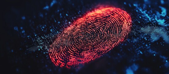 Illuminated red fingerprint on a dark background highlighting data security