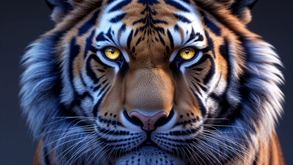 Naklejka premium Powerful Bengal tiger closeup portrait with piercing eyes detailed orange and black striped fur majestic big cat wildlife predator nature jungle animal