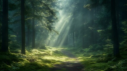 Obraz premium Mystical forest pathway reveals ethereal light beams piercing morning mist among ancient evergreens. Moss-covered ground and winding trail create an enchanted scene with dramatic cinematic lighting
