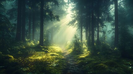 Obraz premium Mystical forest pathway reveals ethereal light beams piercing morning mist among ancient evergreens. Moss-covered ground and winding trail create an enchanted scene with dramatic cinematic lighting
