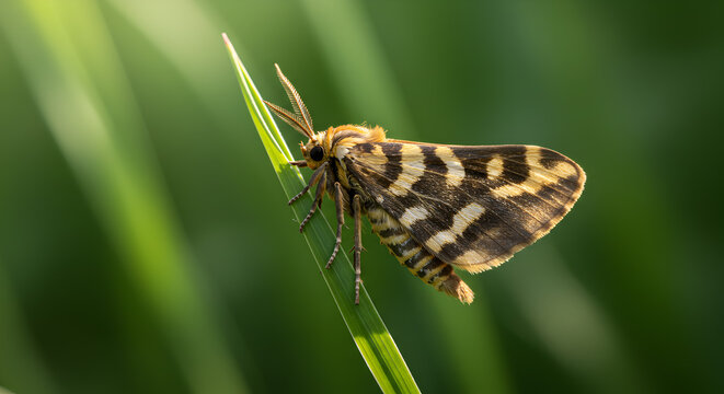 Striking pyralid moth with intricately patterned wings perched on lush green grass