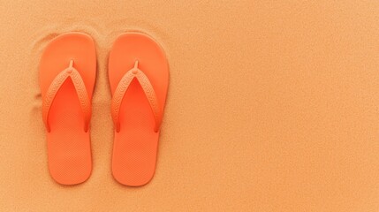 Fototapeta premium Bright orange flip-flops resting on golden sand, evoking a relaxed beach vibe and summer leisure.