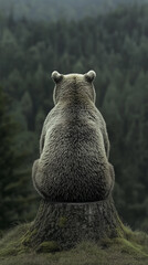 A detailed illustration of a solitary bear sitting on a forest stump, facing away, with a misty evergreen forest backdrop.