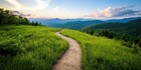Obraz premium winding hiking trail meanders through lush green grass, surrounded by majestic Appalachian Mountains under serene sky. scene evokes sense of adventure and tranquility