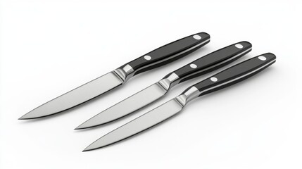 Fototapeta premium A stunning collection of kitchen knives with sleek black handles. Each knife features a polished stainless steel blade. Perfect for culinary enthusiasts and professionals. Generative AI
