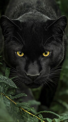 A detailed illustration of a stealthy black panther in a lush jungle, piercing yellow eyes, surrounded by dewy green foliage.