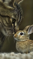 A detailed illustration of a tender moment between a cat and rabbit, noses touching, with soft green-brown background. 