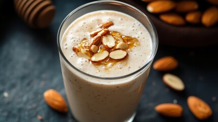 A protein-packed almond and honey milkshake in a glass, garnished with almond slices and a drizzle of honey, placed on a gym-style backdrop.