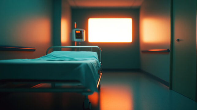 serene hospital room with single bed, illuminated by warm light from window. atmosphere feels calm and hopeful, suggesting moment of healing and recovery
