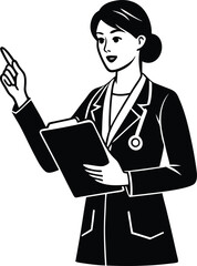 Female Doctor with Stethoscope Holding Chart Pointing Up in Black and White