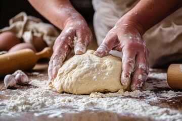 Fototapeta premium Hands knead a ball of dough on a wooden surface, surrounded by flour, eggs, and cloves of garlic in a warm kitchen setting Generative AI