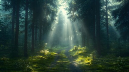 Obraz premium Mystical forest pathway reveals ethereal light beams piercing morning mist among ancient evergreens. Moss-covered ground and winding trail create an enchanted scene with dramatic cinematic lighting