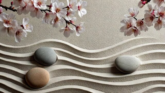 A serene zen garden with flowing sand patterns, smooth stones, and blooming cherry blossoms.