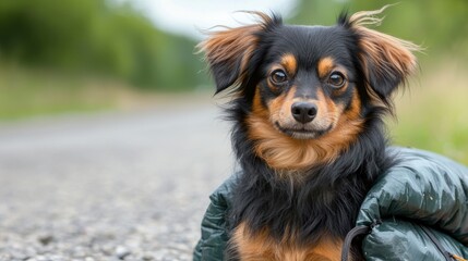 A small dog with a green backpack.