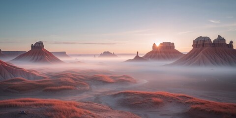 serene magnificence of Badlands at sunrise captures gentle illumination distinctive geological formations and deep bond between land and first rays of sunlight.
