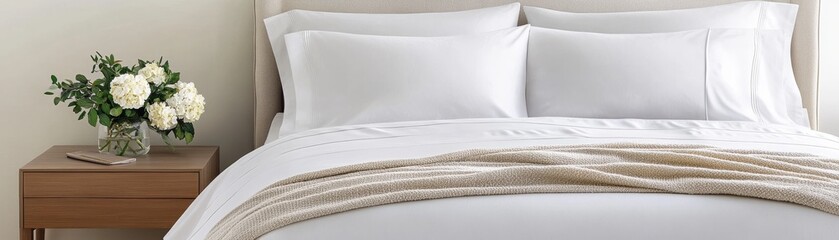 Obraz premium Stylish luxury bed with high-thread-count sheets, a cozy throw blanket, and fresh flower arrangements