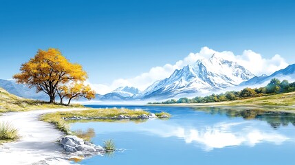 Fototapeta premium Serene Mountain Landscape with Vibrant Trees and Calm Water Reflecting Blue Sky