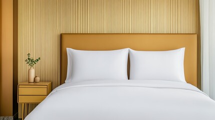 Premium hotel room with a perfectly made bed, golden decor, and minimalist elegance