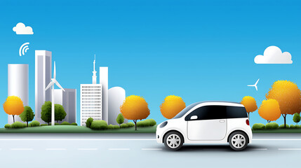modern car drives through vibrant cityscape with trees and buildings clear blue sky, evoking sense of freedom and adventure