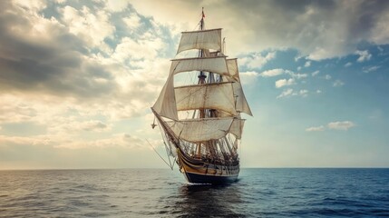 A tall sailing ship is gliding across the vast ocean waters