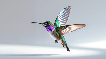 Hummingbird flying with spread wings and vibrant plumage in white background closeup nature inspired high detail digital wildlife illustration