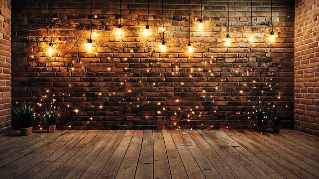 Cozy interior with warm string lights illuminating a rustic brick wall and wooden floor