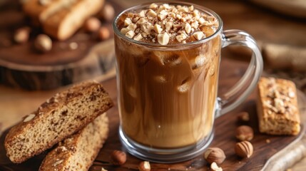 A sophisticated presentation of a hazelnut iced coffee in a clear mug, garnished with crushed hazelnuts and served with a biscotti.