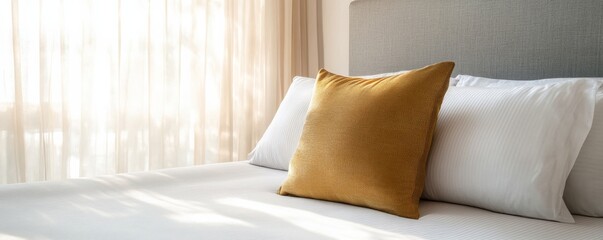 Soft, inviting hotel bed with feather pillows, natural sunlight streaming through elegant sheer curtains