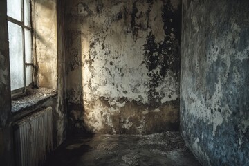 Sunlight filters through a dusty window, casting shadows on the damp, peeling walls of an abandoned room filled with neglect Generative AI