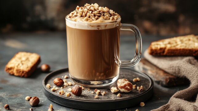 A sophisticated presentation of a hazelnut iced coffee in a clear mug, garnished with crushed hazelnuts and served with a biscotti.
