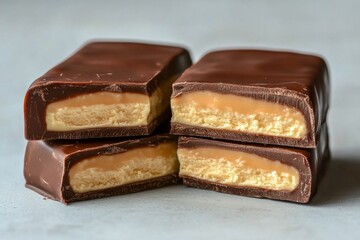 Three chocolate bars are stacked attractively showcasing layers of caramel and wafer, offering a tempting dessert option Generative AI