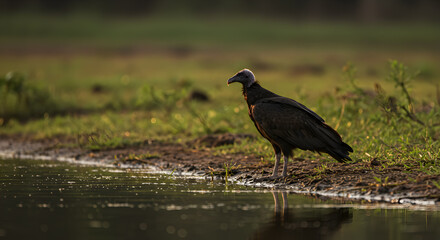 Palmnut vulture standing elegantly at the water's edge in a serene environment