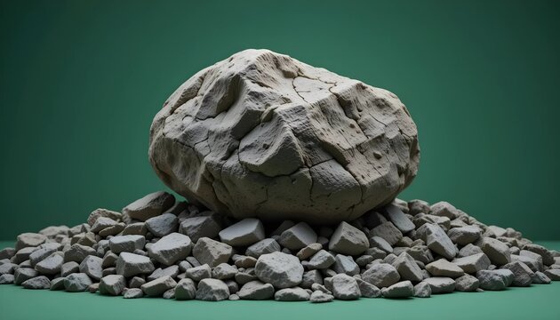 A substantial, light gray rock with visible cracks and crevices sits balanced precariously above a pile of smaller, angular stones.