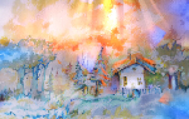 Naklejka premium Pixel atmosphere of morning summer landscape. Modern abstract art. Sunset over a Cozy House in the Forest
