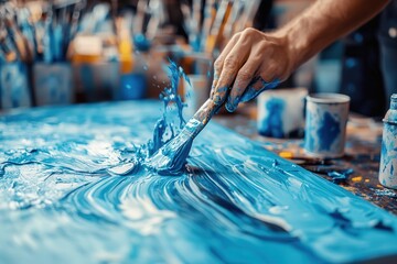 Fototapeta premium Hand painting with a brush on a blue abstract canvas, blending vibrant shades.