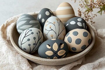 I filmed an Easter egg in a bowl decorated with beige, gray, and white. Generative AI
