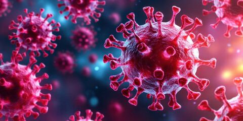 Colorful virus particles are depicted in close up view, showcasing their intricate structure and spikes. This evokes sense of urgency and awareness about health and disease prevention
