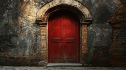 A Red Wooden Doorway Inside a Stone Brick Exterior Wall
